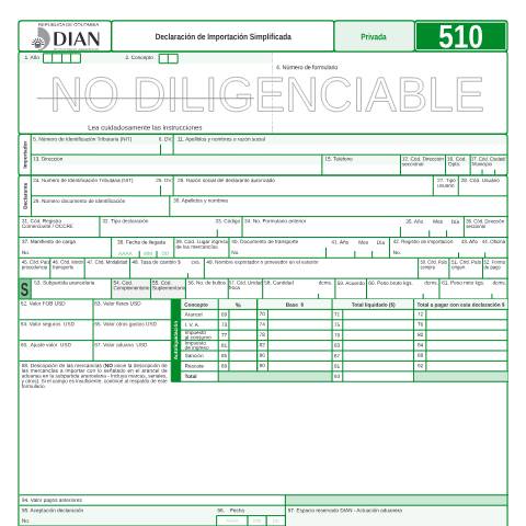 Vista previa del documento Declaración de Importación Simplificada — Año 2010, Colombia (CERFA n°F510-2010)
