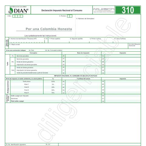 Vista previa del documento Declaración Impuesto Nacional al Consumo - Resolución 16 de marzo 7 de 2019 — Año 2019, Colombia (CERFA n°F310-2019)