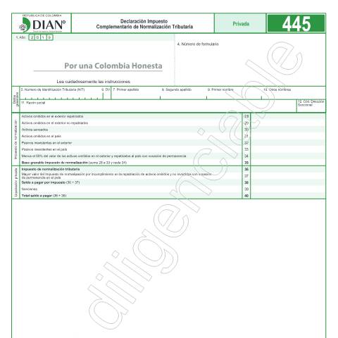 Vista previa del documento Declaración Impuesto Complementario de Normalización Tributaria - Resolución 35 de mayo 23 de 2019 y Resolución 55 de septiembre 9 de 2019 — Año 2019, Colombia (CERFA n°F445-2019)