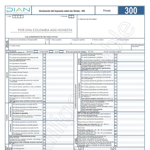 Vista previa del documento Declaración del Impuesto sobre las Ventas – IVA Resolución 00019 de marzo 10 de 2020. — Año 2023, Colombia (CERFA n°F300-2023)