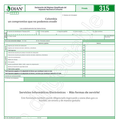 Vista previa del documento Declaración del Régimen Simplificado del Impuesto Nacional al Consumo — Año 2014, Colombia (CERFA n°F315-2014)