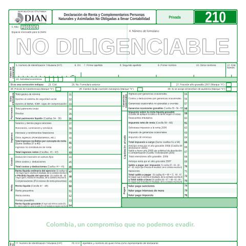 Vista previa del documento Declaración de renta y complementarios personas naturales y asimiladas no obligadas a llevar contabilidad — Año 2007, Colombia (CERFA n°F210-2007)