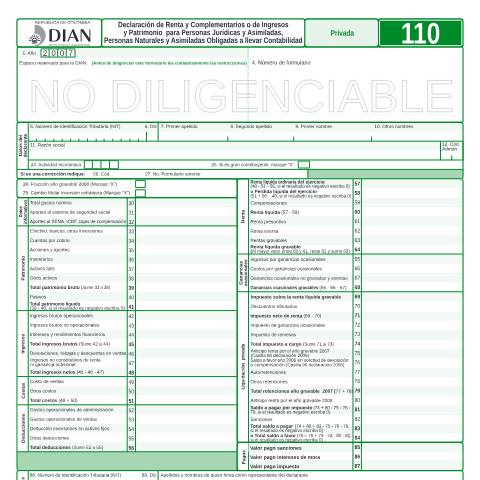 Vista previa del documento Declaración de renta y complementarios o de ingresos y patrimonio para personas jurídicas y asimiladas, personasnaturales y asimiladas obligadas a llevar contabilidad — Año 2008, Colombia (CERFA n°F110-2008)