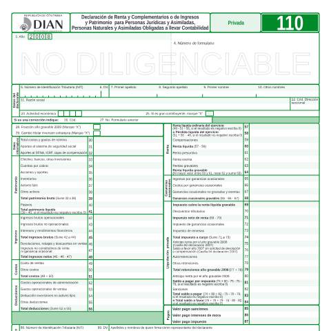 Vista previa del documento Declaración de renta y complementarios o de ingresos y patrimonio para personas jurídicas y asimiladas, personas naturales y asimiladas obligadas a llevar contabilidad — Año 2009, Colombia (CERFA n°F110-2009)