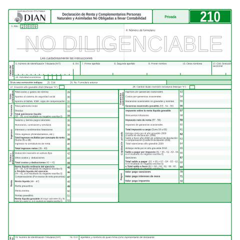 Vista previa del documento Declaración de Renta y Complementarios Personas Naturales y Asimiladas No Obligadas a llevar Contabilidad — Año 2010, Colombia (CERFA n°F210-2010)