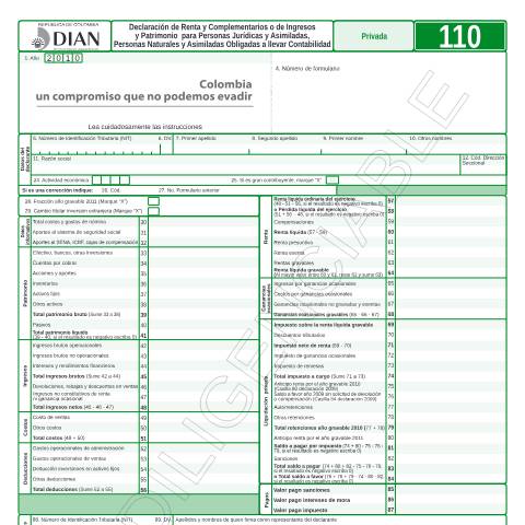 Vista previa del documento Declaración de Renta y Complementarios o de Ingresos y Patrimonio para Personas Jurídicas y Asimiladas, Personas Naturales y Asimiladas Obligadas a llevar Contabilidad — Año 2011, Colombia (CERFA n°F110-2011)