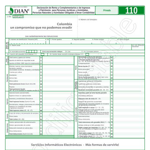 Vista previa del documento Declaración de Renta y Complementarios o de Ingresos y Patrimonio para Personas Jurídicas y Asimiladas, Personas Naturales y Asimiladas Obligadas a llevar Contabilidad — Año 2014, Colombia (CERFA n°F110-2014)