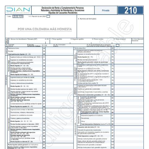 Vista previa del documento Declaración de Renta y Complementario Personas Naturales y Asimiladas de Residentes y Sucesiones Ilíquidas de Causantes Residentes - Resolución 000045 de Mayo 7 del 2020 — Año 2020, Colombia (CERFA n°F210-2020)