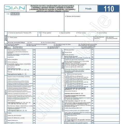 Vista previa del documento Declaración de renta y complementario para personas jurídicas y asimiladas y personas naturales y asimiladas no residentes y sucesiones ilíquidas de causantes no residentes o de ingresos y patrimonio para entidades obligadas a declarar Res. 011 08/02/2021 — Año 2021, Colombia (CERFA n°F110-2021)