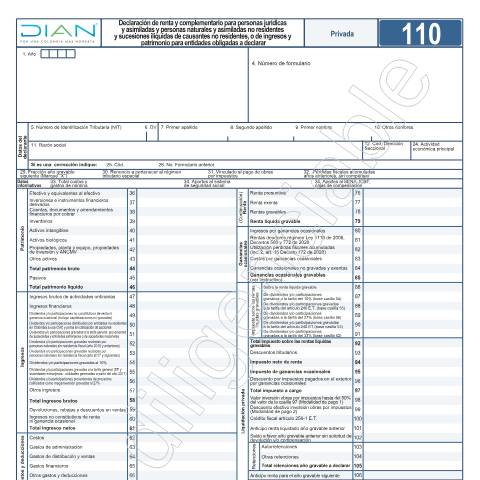 Vista previa del documento Declaración de renta y complementario para personas jurídicas y asimiladas y personas naturales y asimiladas no residentes y sucesiones ilíquidas de causantes no residentes o de ingresos y patrimonio para entidades obligadas a declarar Res.000026 23/02/22 — Año 2022, Colombia (CERFA n°F110-2022)
