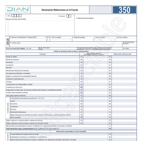 Vista previa del documento Declaración Retenciones en la Fuente - Resolución 69 de diciembre 28 de 2018 - Resolución 000047 de mayo 14 de 2020 — Año 2020, Colombia (CERFA n°F350-2020)