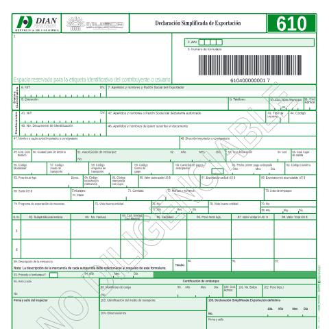 Vista previa del documento Declaración simplificada exportación — Año 2004, Colombia (CERFA n°F610-2004)