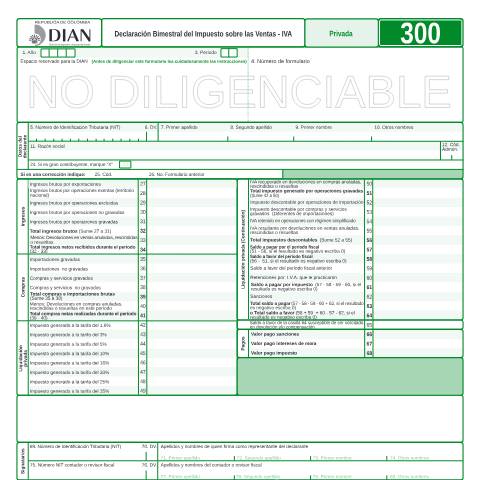 Vista previa del documento Declaración Bimestral del Impuesto sobre las Ventas - IVA — Año 2008, Colombia (CERFA n°F300-2008)