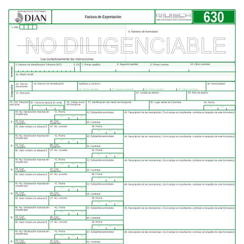 Vista previa del documento Factura de Exportación — Año 2010, Colombia (CERFA n°F630-2010)