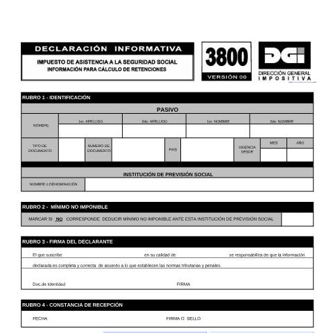 Vista previa del documento Formulario 3800 -Información para el cálculo de retenciones — DGI - Formularios, Uruguay (CERFA n°3800)