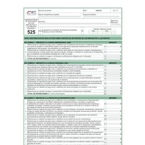 Vista previa del documento Formulario N° 525- Retención Impuestos a las Rentas N° 525 Versión 1 — Declaraciones Juradas / RENTA, Paraguay (CERFA n°F525)