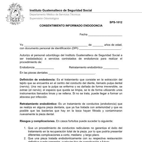 Vista previa del documento SPS 1012 consentimiento endodoncia — IGSS - Formularios, Guatemala (CERFA n°SPS-1012)