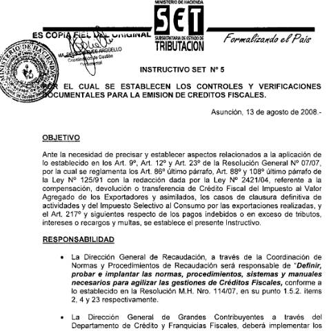 Vista previa del documento Instructivo SET Nº 5 08 — Instructivos, Paraguay