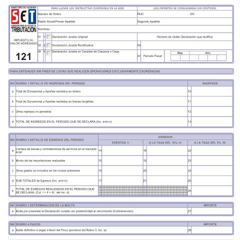 Vista previa del documento Formulario Nº 121 — Declaraciones Juradas, Paraguay (CERFA n°F121)