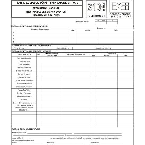 Vista previa del documento Formulario 3104 -Declaración Informativa a explotadores de salones de fiestas y eventos — DGI - Formularios, Uruguay (CERFA n°3104)