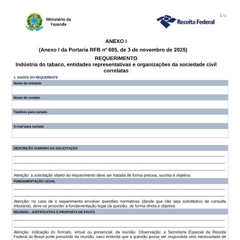 Pré-visualização do documento Requerimento Indústria do tabaco, entidades representativas e organizações da sociedade civil correlatas - Anexo I Portaria 605/2025 — Comércio Exterior, Brasil