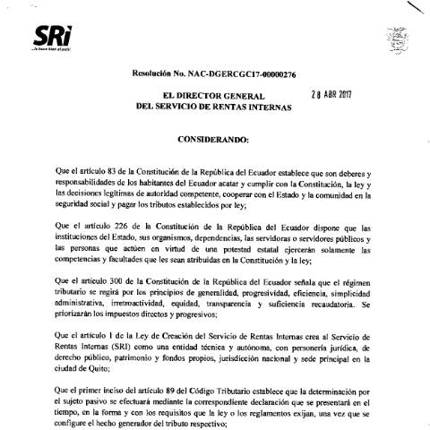 Vista previa del documento Resolución No. NAC-DGERCGC17-00000276 - Segundo suplemento del R.O. No. 8 de 06-06-2017 — Impuesto al Valor Agregado (IVA), Ecuador (CERFA n°Resoluci�n+No.+NAC-DGERCGC17-00000276)