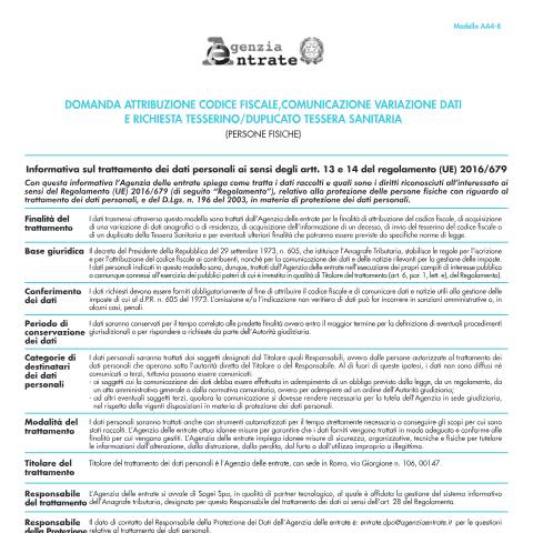 Anteprima documento Codice fiscale e Tessera sanitaria (Modello AA4/8) — Istanze, Italia