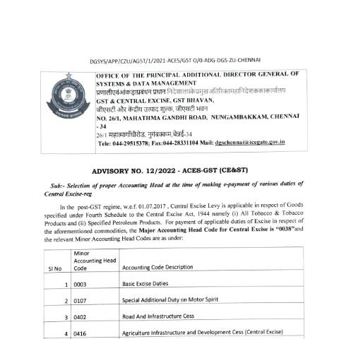 Document preview: Advisory 12 2022 180522 Selection Proper Accounting Head epayment CE Duty — gst, India (CERFA n°Advisory-12-2022-180522-Selection-Proper-Accounting-Head-epa)