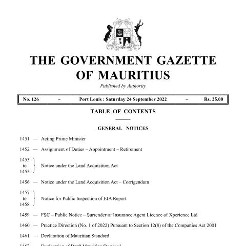 Document preview: General Notice No. 1460 of 2022 — Document, Mauritius (CERFA n°General-Notice-No.-1460-of-2022)