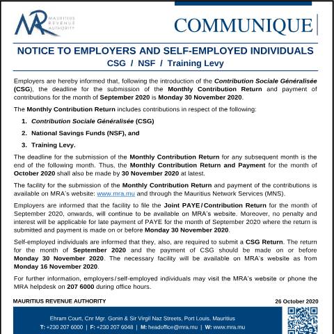 Document preview: Notice to Employers and Self-Employed Individuals on CSG / NSF / Training Levy (26.10.20) — Document, Mauritius (CERFA n°CSG261020)