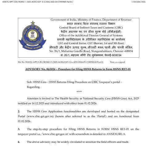 Document preview: AdvisoryNo.06of2026dated12.03.26onfilingofHSNSReturns RET 01 — gst, India (CERFA n°AdvisoryNo.06of2026dated12.03.26onfilingofHSNSReturns_RET-01)