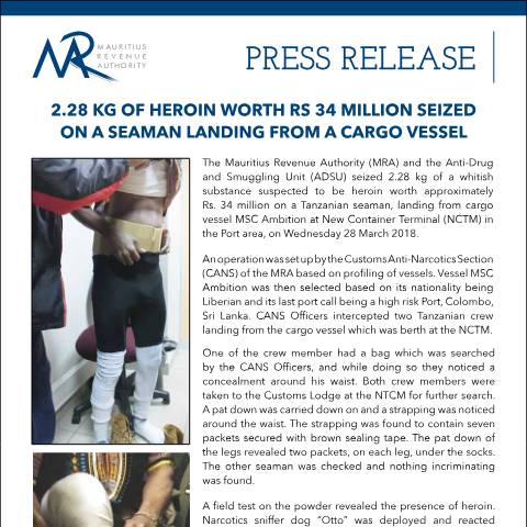 Document preview: 2.28 kg of heroin worth Rs 34 million seized on a seaman landing from a cargo vessel (29.03.18) — Document, Mauritius (CERFA n°PressRelease290318)