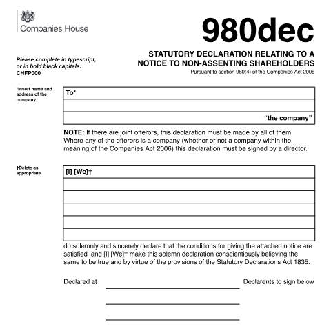 Document preview: Give notice of declaration to non-assenting shareholders (980dec) — Companies House, United Kingdom