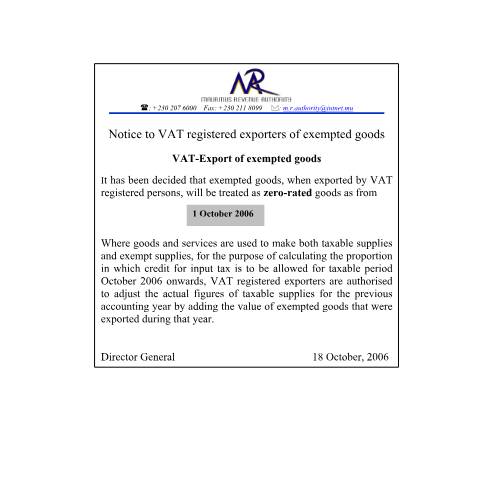 Document preview: Notice to VAT registered exporters of exempted goods — Document, Mauritius (CERFA n°Notice201006)