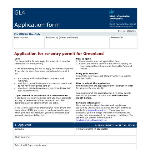 Document preview: GL4 — Application for re-entry permit for Greenland — SIRI / Application forms - SIRI, Danmark (CERFA n°GL4)