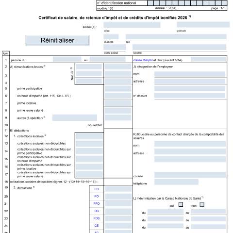 Aperçu du document Le modèle 160 peut servir de spécimen aux employeurs pour délivrer un certificat de salaire, de retenue d'impôt et de crédits d'impôt bonifiés à leur salarié(e). Les employeurs doivent obligatoirement délivrer sur support électronique les ECSP à l’ACD. Pour plus d'informations, voir rubrique « Échan — Formulaires fiscaux, Luxembourg (CERFA n°160 F)