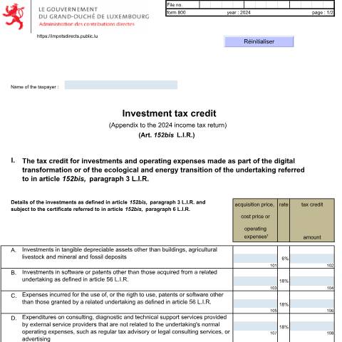 Aperçu du document Appendix: "Tax credit for investment" — Annexes et bonifications d'impôt, Luxembourg (CERFA n°800 E)