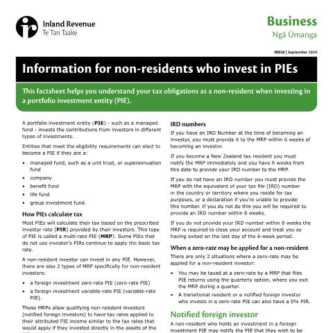 Document preview: Information for non-residents who invest in PIEs — Income tax, New Zealand (CERFA n°IR858)
