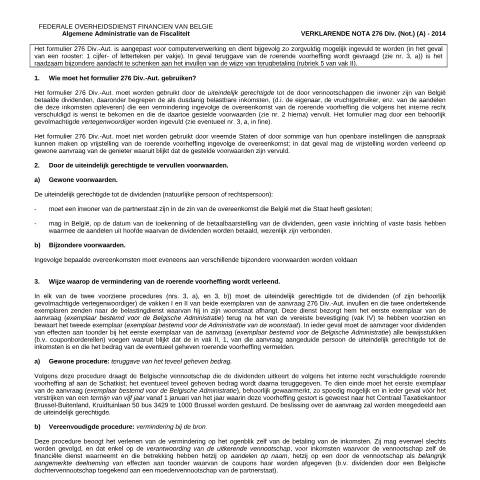 Aperçu du document Verklarende nota 276 Div (PDF, 92.39 KB) — Aanvraag om verdragsverminderingen, Belgique (CERFA n°167-276-div-nota)
