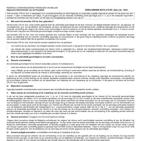 Aperçu du document uitleg — Verzoek voor interesten op basis van een dubbelbelastingverdrag, Belgique (CERFA n°276-int-nota-1)