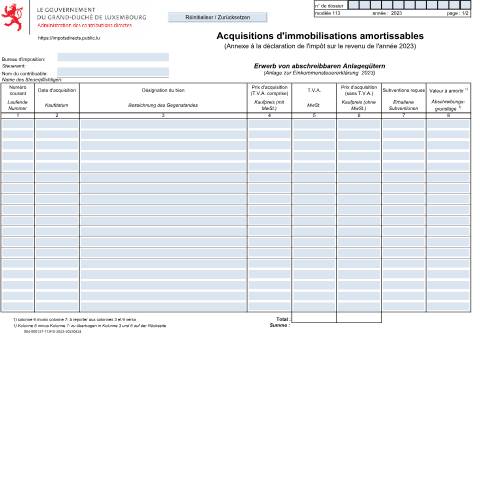 Aperçu du document Tableau d'amortissement Erwerb von abschreibbaren Anlagegütern — Annexes et bonifications d'impôt, Luxembourg (CERFA n°113)