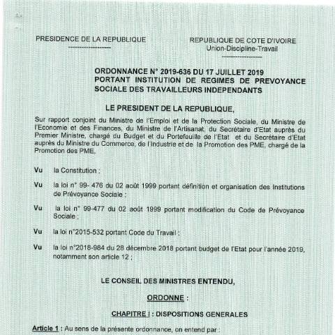 Aperçu du document ORDON N-¦ 2019-636 DU 17-07-2019 TRAVAILLEUR INDEP — Document CNPS (prévoyance sociale), Côte d'Ivoire