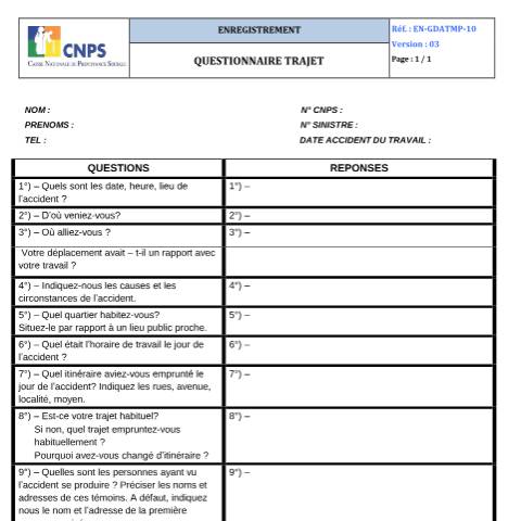 Aperçu du document QUESTIONNAIRE TRAJET (VERSION 03) — Document CNPS (prévoyance sociale), Côte d'Ivoire