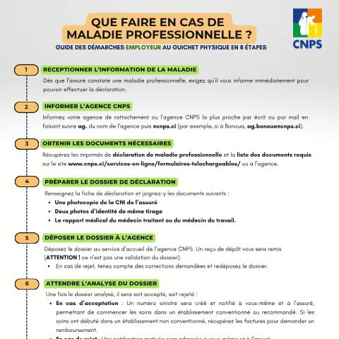 Aperçu du document MALADIE PROFESSIONNELLE GUIDE DES DÉMARCHES DE L’EMPLOYEUR — Document CNPS (prévoyance sociale), Côte d'Ivoire