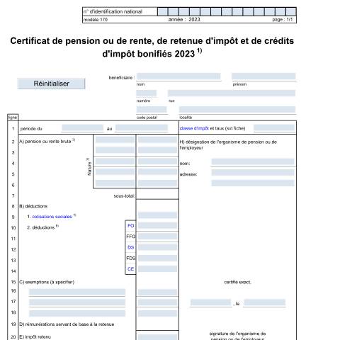 Aperçu du document Le modèle 170 peut servir de spécimen aux caisses de pension certificat de rente / pension, de retenue d'impôt et de crédits d'impôt bonifiés à leur pensionné(e). Les caisses de pension doivent obligatoirement délivrer sur support électronique les ECSP à l’ACD. Pour plus d'informations, voir rubriqu — Formulaires fiscaux, Luxembourg (CERFA n°170 F)