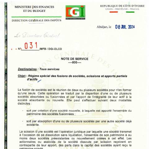 Aperçu du document note service 0031 0001 — Note de service, Côte d'Ivoire