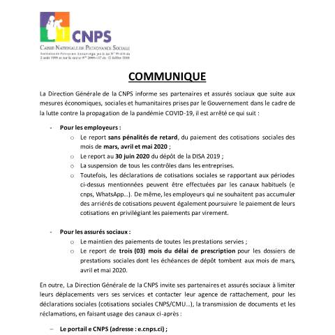 Aperçu du document communique-covid — Document CNPS (prévoyance sociale), Côte d'Ivoire