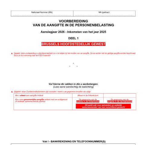 Aperçu du document Voorbereiding aangifte - deel 1 - Brussels Hoofdstedelijk Gewest — Voorbereidend document (van de papieren aangifte), Belgique (CERFA n°voorbereiding-deel-1-bru-2026)