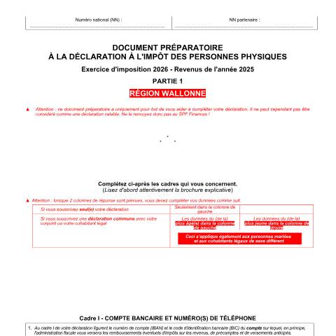 Aperçu du document Document préparatoire - partie 1 - Région wallonne — Document préparatoire (de la déclaration papier), Belgique (CERFA n°doc-preparatoire-partie-1-rw-2026)