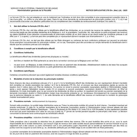 Aperçu du document 276 div notice 1 — Demande concernant des dividendes sur la base d’une convention préventive de la double imposition, Belgique (CERFA n°276-div-notice-1)